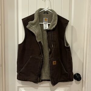 Carhartt Canvas Denim Work Vest Mens Sherpa Lined Brown Full Zip DV4277-M